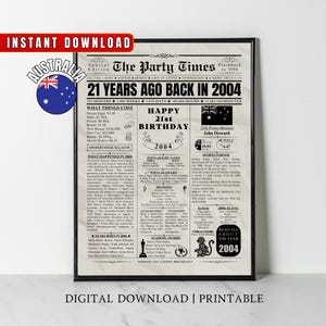 2004 AUSTRALIA 21st Birthday Newspaper Print, Australian 21st Birthday Gift, 2004 Birthday Poster, Aussie Wall Art, 2004 Bday Party Decor