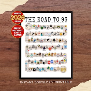 May include: A framed print titled "The Road to 95," featuring a timeline of events from the year of birth to the present day. The print includes the text "Updated! 2026 Version" and "Free 10 Birthday Party Games."