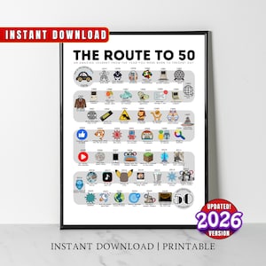 May include: A framed print titled "The Route to 50," showcasing a timeline of events from birth to age 50. The design includes icons representing significant moments from 1976 to 2025. The print is labeled "Instant Download" and "Printable."