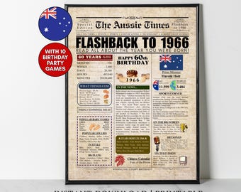 May include: A framed poster titled The Aussie Times Flashback to 1966, featuring a vintage newspaper design with historical facts, Australian population data, popular baby names, 1966 slang, and a 60th birthday theme with a small Australian flag.
