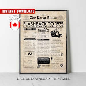 CANADA 50th Birthday Newspaper Printable, 1975 Canadian 50th Birthday Gift, 1975 Birthday Poster, 50 Years Ago Back in 1975 Home Party Decor