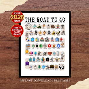 May include: A framed print titled "The Road to 40," featuring a timeline of events from the year of birth to the present day. The print includes the text "Updated! 2026 Version" and "Free 10 Birthday Party Games."