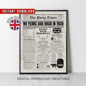 Impresión de periódico del 90.° cumpleaños del Reino Unido de 1935, Reino Unido, regalo del 90.° cumpleaños, póster de cumpleaños de 1935, decoración de fiesta de cumpleaños, arte de pared para decoración del hogar de 1935
