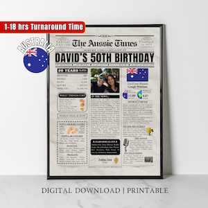 Custom 1975 AUSTRALIA 50th Birthday Newspaper Print Australian 50th Birthday Gift for Husband Wife Mum Dad 50 Years Ago Back in 1975