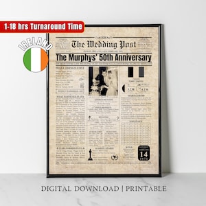 Irländsk bröllopsdagspresent från 1976, specialdesignad tidningsaffisch för 50 år sedan, år 1976, föräldrarnas guldbröllop | IRLAND