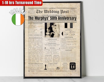 1976 Irish 50th Wedding Anniversary Gift, Custom Newspaper Poster 50 Years Ago Back in 1976, Parents' Golden Wedding Anniversary | IRELAND