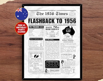 1956 AUSTRALIA 70th Birthday Newspaper | 70th Birthday Gift for Australian Men Women Grandma Grandpa Mum Dad | Back in 1956 | PRINTABLE Sign