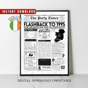 Afiche de periódico del 30.º cumpleaños irlandés de 1995 Datos de IRLANDA Hace 30 años En 1995 Idea de regalo de 30.º cumpleaños para hombres, mujeres, hijos e hijas irlandeses