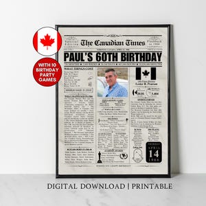 May include: A framed print designed as a newspaper front page, celebrating "Paul's 60th Birthday." The design includes a photo, Canadian flags, and text detailing events and costs from 1966. Includes "Digital Download | Printable" text.