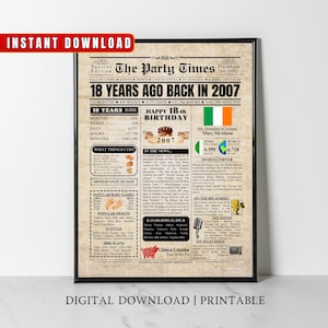 Cartaz de jornal irlandês de 18º aniversário de 2007 Fatos da Irlanda 18 anos atrás Em 2007 Ideia de presente de 18º aniversário para filho irlandês, filha, ele, filho dela