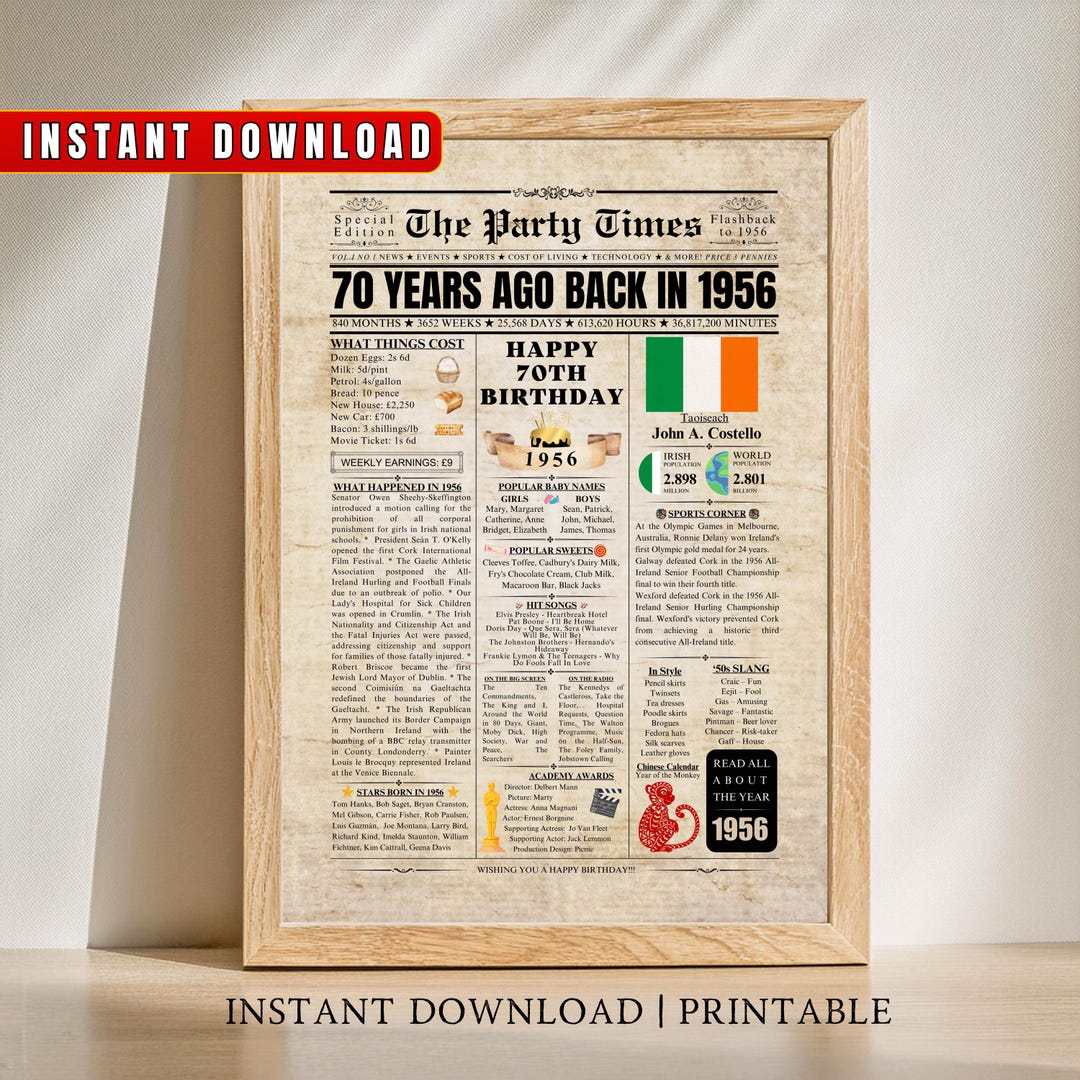 1956 Irish 70th Birthday Newspaper 70th Birthday Gift For Men Women 1956-irish-70th-birthday-newspaper-70th-birthday-gift-for-men-women