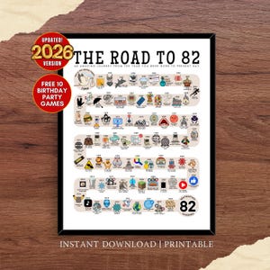May include: A framed print titled "The Road to 82," featuring a timeline of significant events from 1944 to the present. The print includes the text "Updated! 2026 Version" and "Free 10 Birthday Party Games." The bottom reads "Instant Download | Printable."