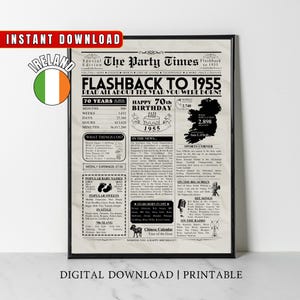 Afiche de periódico del 70.º cumpleaños irlandés de 1955 Datos de IRLANDA Hace 70 años En 1955 Idea de regalo del 70.º cumpleaños para hombres, mujeres, mamás, papás y padres irlandeses