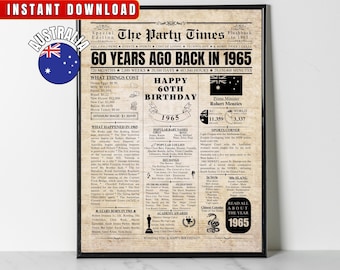 1965 AUSTRALIA 60th Birthday Newspaper Print Australian 60th Birthday Gift 1965 Birthday Poster 60 Years Ago Back in 1965 print Aussie