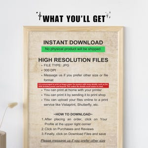 May include: A framed print with the text "WHAT YOU'LL GET" at the top. The print details instant download information, high-resolution files, and instructions on how to download the files. The frame is a light brown color.