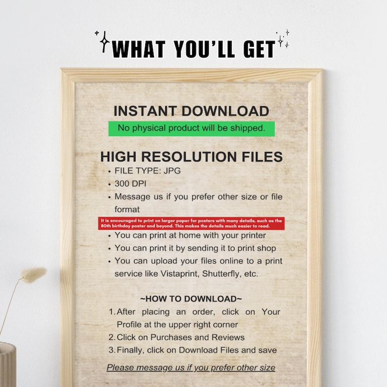 May include: A framed print with the text "WHAT YOU'LL GET" at the top. The print details instant download information, high-resolution files, and instructions on how to download the files. The frame is a light brown color.