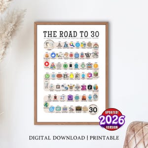 May include: A framed print titled "The Road to 30" with a timeline of events from 1996 to 2026. The print features various icons and text, including social media logos and the text "DIGITAL DOWNLOAD | PRINTABLE". The frame is brown.