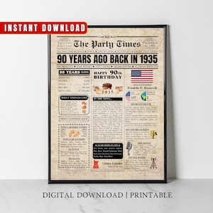 Póster de periódico de EE. UU., regalo de cumpleaños número 90, hace 90 años en 1935, regalo personalizado para abuela, abuelo, mamá, papá, póster de cumpleaños, arte de pared