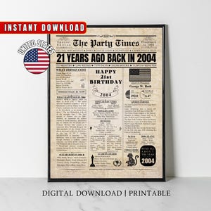 21st Birthday Newspaper Sign 2004, 21st Birthday Gift for Men or Women, Back in 2004, 21st Birthday Party Decor, Instant Download Wall Art