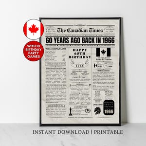 Può includere: Una stampa incorniciata progettata come una prima pagina di giornale d'epoca, che celebra un 60° compleanno con il titolo "60 anni fa nel 1966". Include testo sugli eventi, i costi e la cultura popolare dell'anno.