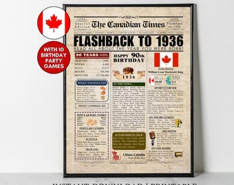 1936 CANADA 90th Birthday Newspaper Print Canada 90th Birthday Gift 1936 Birthday Poster 90 Years Ago Back in 1936 print Facts About Canada