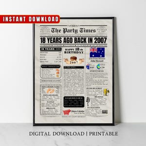2007 AUSTRÁLIA 18º aniversário Jornal impresso Presente australiano de 18º aniversário 2007 Cartaz de aniversário 18 anos atrás Em 2007 impressão Aussie