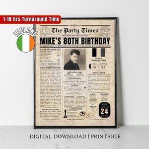 Póster de periódico personalizado del 80.º cumpleaños irlandés de 1945 Datos de IRLANDA Hace 80 años en 1945 Regalo de 80.º cumpleaños para hombres, mujeres, mamá, papá, él y ella