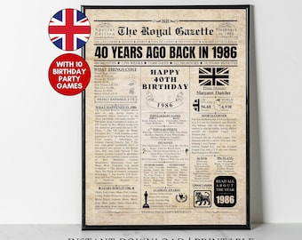 40th Birthday Newspaper 1986 UK Newspaper Poster BRITISH facts 40 Years Ago Back in 1986 40th Birthday Gift for Men and Women UK Facts
