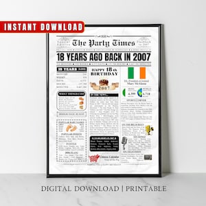2007 Irish 18. Geburtstag Zeitung Poster Irland Fakten vor 18 Jahren Zurück im Jahr 2007 18. Geburtstag Geschenkidee für irische Sohn Tochter Him Her Kid
