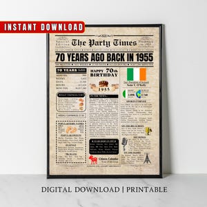 Afiche de periódico del 70.º cumpleaños irlandés de 1955 Datos de IRLANDA Hace 70 años En 1955 Idea de regalo del 70.º cumpleaños para hombres, mujeres, mamás, papás y padres irlandeses