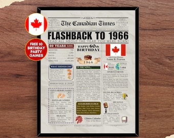 1966 CANADA 60th Birthday Newspaper Print Canada 60th Birthday Gift 1966 Birthday Poster 60 Years Ago Back in 1966 print Facts About Canada