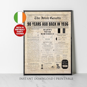 1936 Ierse krantenposter 90e verjaardag IERLAND feiten 90 jaar geleden terug in 1936 90e verjaardag cadeau-idee voor Ierse mannen vrouwen moeder vader ouder