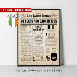 1955 Irish 70. Geburtstag Zeitung Poster Irland Fakten vor 70 Jahren Zurück im Jahr 1955 70. Geburtstag Geschenkidee für irische Männer Frauen Mama Papa Elternteil