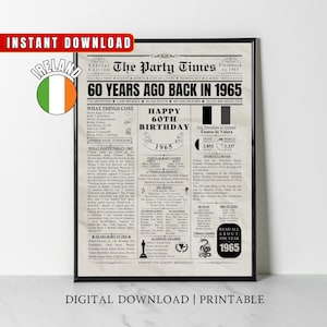 Afiche de periódico del 60.º cumpleaños irlandés de 1965 Datos sobre Irlanda hace 60 años En 1965 Idea de regalo del 60.º cumpleaños para hombres, mujeres, hijos e hijas irlandeses