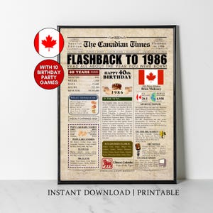 1986 CANADA 40th Birthday Newspaper Print Canadian 40th Birthday Gift 40 Years Ago Back in 1986 Poster for Him Her Men Women Party Decor