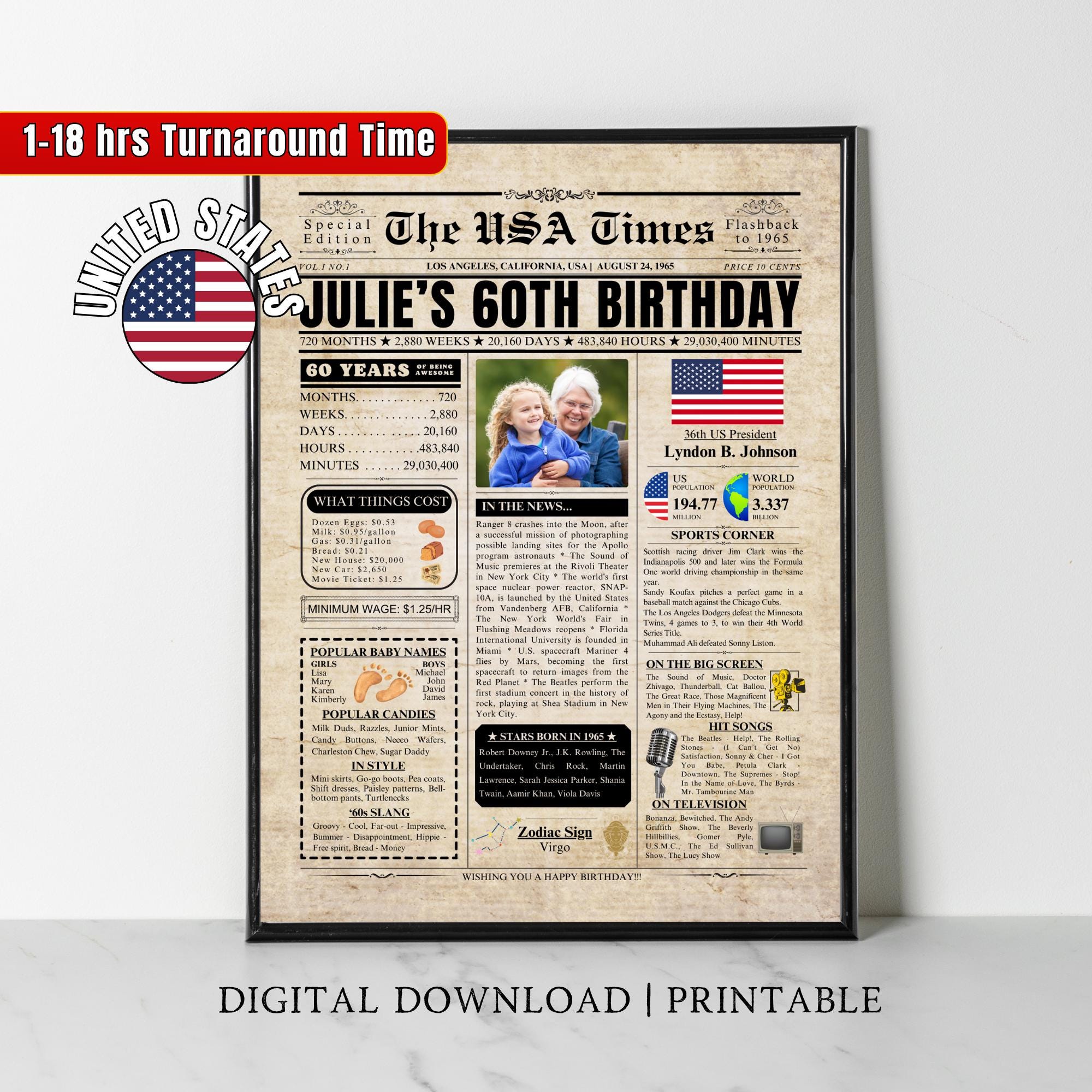 Personalized 60th Birthday Gift for Women Men, Back in 1965 Newspaper Poster Sign, 60th Birthday Gift for Mom Dad Him Her, 60th Birthday USA