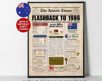 1986 AUSTRALIA 40th Birthday Newspaper Print Australian 40th Birthday Gift 1986 Birthday Poster 40 Years Ago Back in 1986 print Aussie