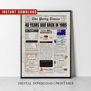 1985 AUSTRALIA 40th Birthday Newspaper Print Australian 40th Birthday Gift 1985 Birthday Poster 40 Years Ago Back in 1985 print Aussie