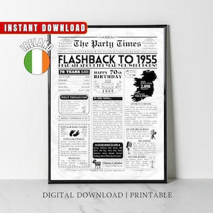 70th Birthday Gift for Grandma Grandpa Mum Dad Poster, 70th Birthday Newspaper Print, 1955 Party Decor, Irish 1955 Home Wall Art, IRELAND