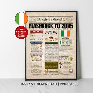 Póster de periódico irlandés para el 21.º cumpleaños de 2005 Datos sobre Irlanda hace 21 años En 2005 Idea de regalo para el 21.º cumpleaños de un hombre irlandés, una mujer, un hijo o una hija