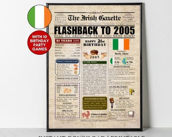 Póster de periódico irlandés para el 21.º cumpleaños de 2005 Datos sobre Irlanda hace 21 años En 2005 Idea de regalo para el 21.º cumpleaños de un hombre irlandés, una mujer, un hijo o una hija