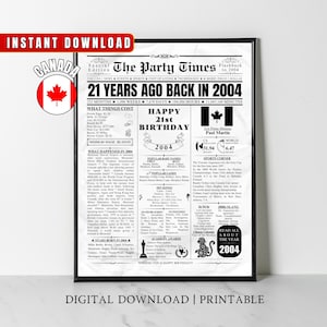 CANADA 21st Birthday Newspaper Printable, 2004 Canadian 21st Birthday Gift, 2004 Birthday Poster, 21 Years Ago Back in 2004 Home Party Decor