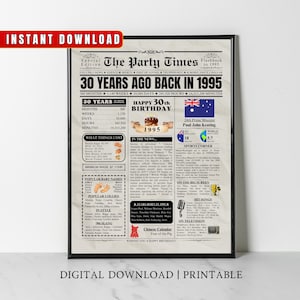 1995 AUSTRALIA 30th Birthday Newspaper Print Australian 30th Birthday Gift 1995 Birthday Poster 30 Years Ago Back in 1995 print Aussie