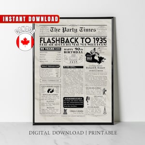 Impresión de periódico del 90.° cumpleaños en Canadá, regalo del 90.° cumpleaños en Canadá, póster de cumpleaños de 1935, regalo imprimible de hace 90 años en 1935
