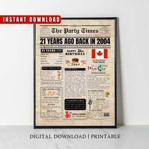 CANADA 21e anniversaire journal imprimable, 2004 Canada 21e anniversaire cadeau, 2004 affiche d'anniversaire, il y a 21 ans en 2004 décoration de fête à la maison