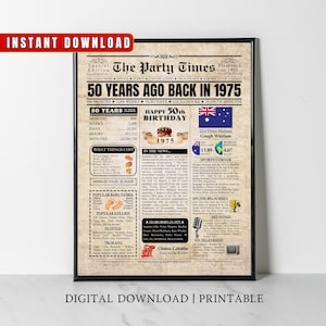 AUSTRALIA 50th Birthday Newspaper Printable, 1975 Australian 50th Birthday Gift, 1975 Birthday Poster, 50 Years Ago Back in 1975 Party Decor