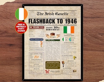 1946 Irish 80. Geburtstag Zeitung Poster Irland Fakten vor 80 Jahren Zurück im Jahr 1946 80. Geburtstag Geschenkidee für irische Männer Frauen Mama Papa Elternteil