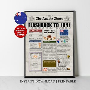 1941 AUSTRALIA 85º Cumpleaños Impresión de periódico Regalo australiano de 85º cumpleaños Póster de cumpleaños de 1941 Hace 85 años De vuelta en 1941 impresión Aussie