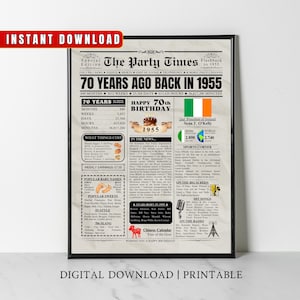 Afiche de periódico del 70.º cumpleaños irlandés de 1955 Datos de IRLANDA Hace 70 años En 1955 Idea de regalo del 70.º cumpleaños para hombres, mujeres, mamás, papás y padres irlandeses