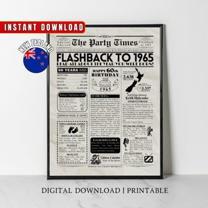 1965 NUEVA ZELANDA Impresión de periódico del 60.° cumpleaños Regalo de cumpleaños número 60 para neozelandeses Póster de cumpleaños de kiwi para él, ella, hombres, mujeres, abuelas y abuelos